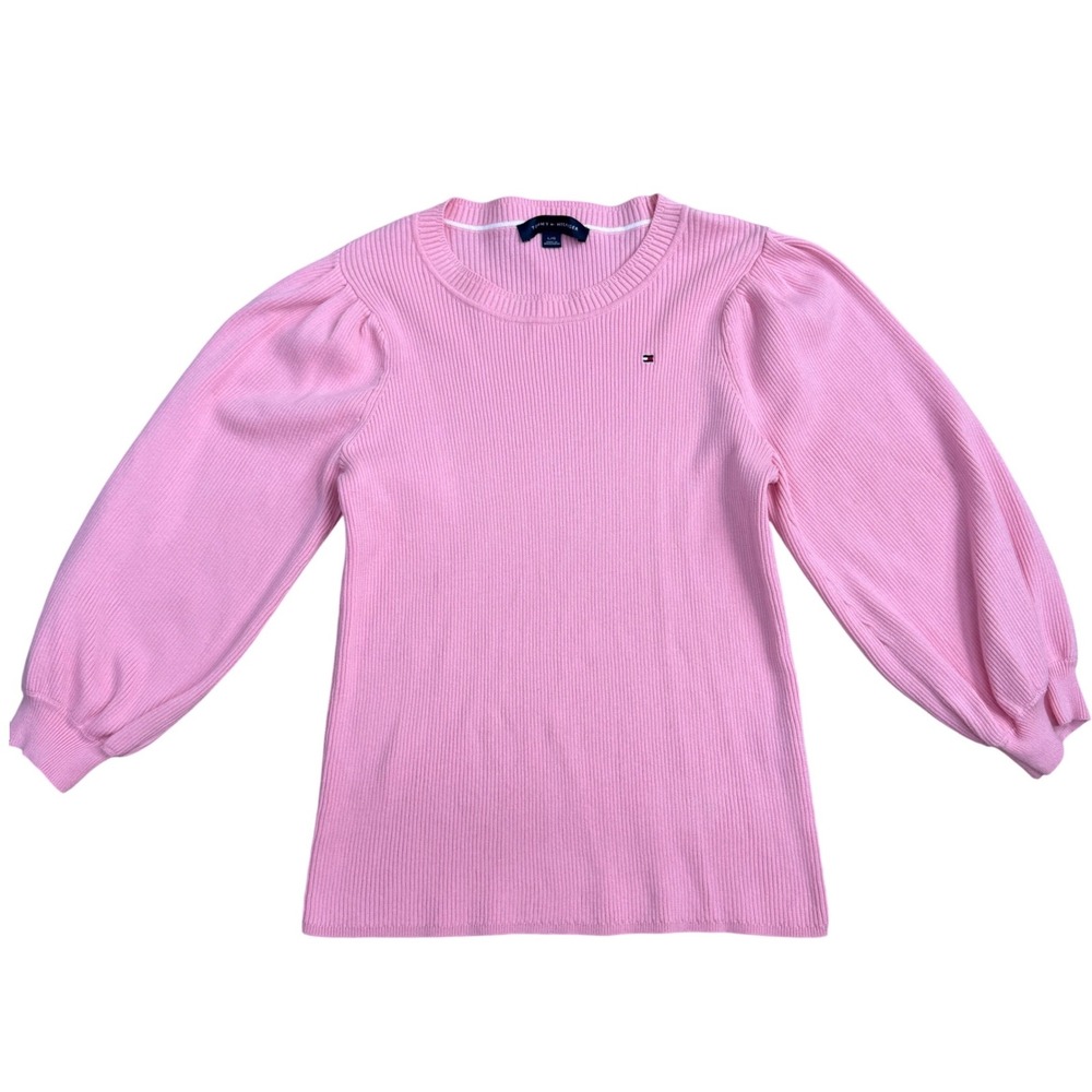 Tommy Hilfiger Ribbed Puff Sleeve Sweater Women Large Pink Preppy Polished